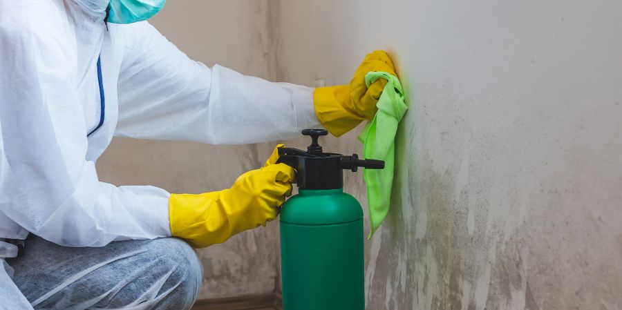 Man with protective gear chemically treating mold on the wall