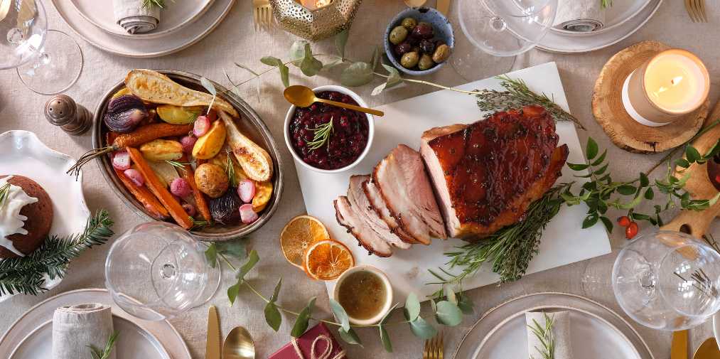 Roasted beef for Christmas lunch on the table