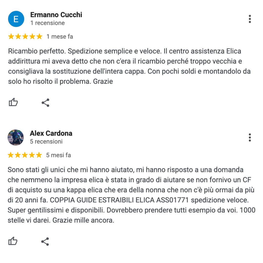 Due recensioni di due cliente sul sito di Filtro Cappa